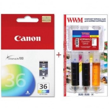 Картридж Canon для Pixma iP100 CLI-36C + Заправочный набор Color (Set36-inkC)